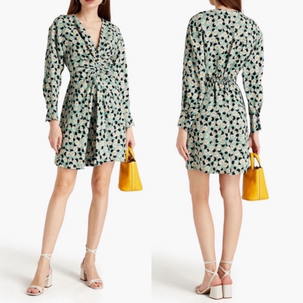 Sandro Angele Floral Print Polka Dot Linen Mini Dress Sage Green - Picture 2 of 13